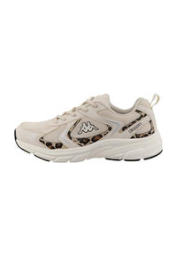 Baskets Kappa beige avec accents à imprimé léopard, panneaux en maille, semelle blanche et design à lacets, vues de côté extérieur.