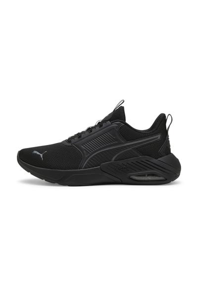 Chaussures de sport noires avec tige en maille, détails texturés et col rembourré. Dotées d'un logo proéminent et d'une semelle rembourrée avec unité d'air.
