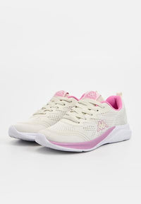 Chaussures de sport beiges et roses à lacets avec un design en mesh respirant, logo Kappa sur les côtés et la languette, et semelles blanches coussinées.