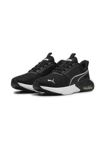 Chaussures de sport noires avec tige en mesh, accents blancs, design à lacets, bout arrondi et semelle rembourrée avec unité d'air visible.