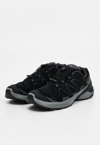 Paire de chaussures de randonnée athlétiques noires et grises avec tissu Gore-Tex et système de laçage rapide, présentées sur fond blanc.