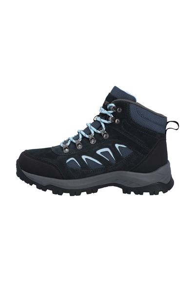 Bottes de randonnée noires et bleu foncé, avec une tige en suede texturé, des panneaux en mesh, des lacets bleus, des accessoires en métal argenté et une semelle en caoutchouc robuste.
