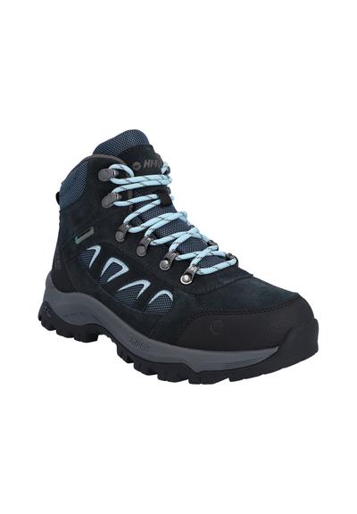 Botte de randonnée mi-haute en suède bleu foncé avec des accents en mesh. Lacets bleu clair et œillets en métal, dotée d'une semelle en caoutchouc noir texturé.